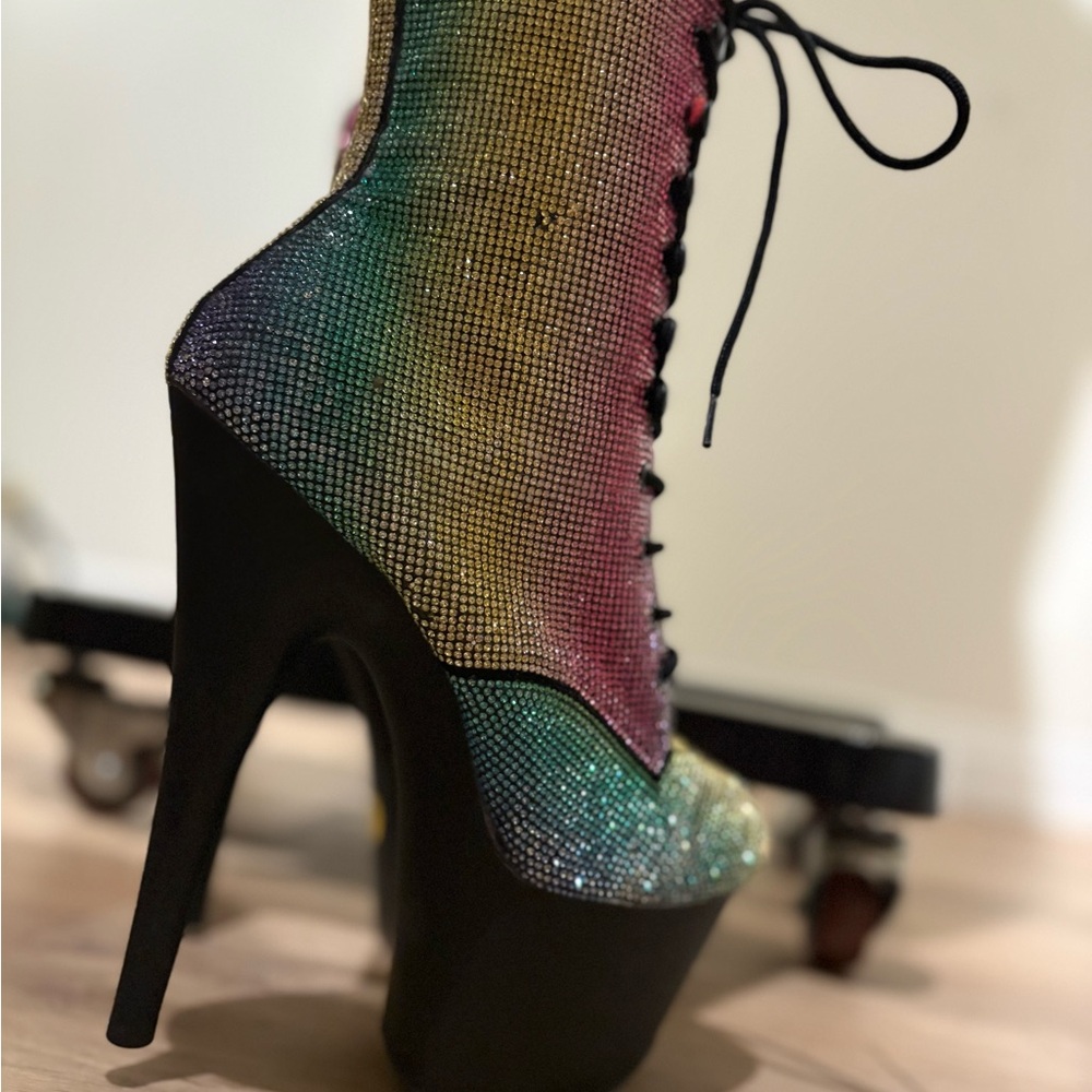 Pleaser rhinestone rainbow stiletto boots platform